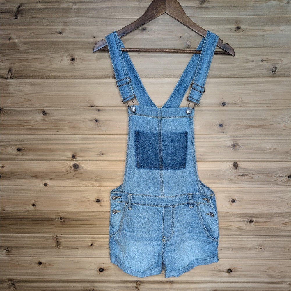 PacSun Light Wash Denim Shortalls Bib Overalls Blue Patch Pocket Womens Small